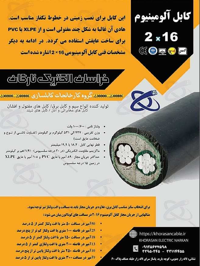 کابل آلومینیوم 16*2  pvc خراسان الکتریک